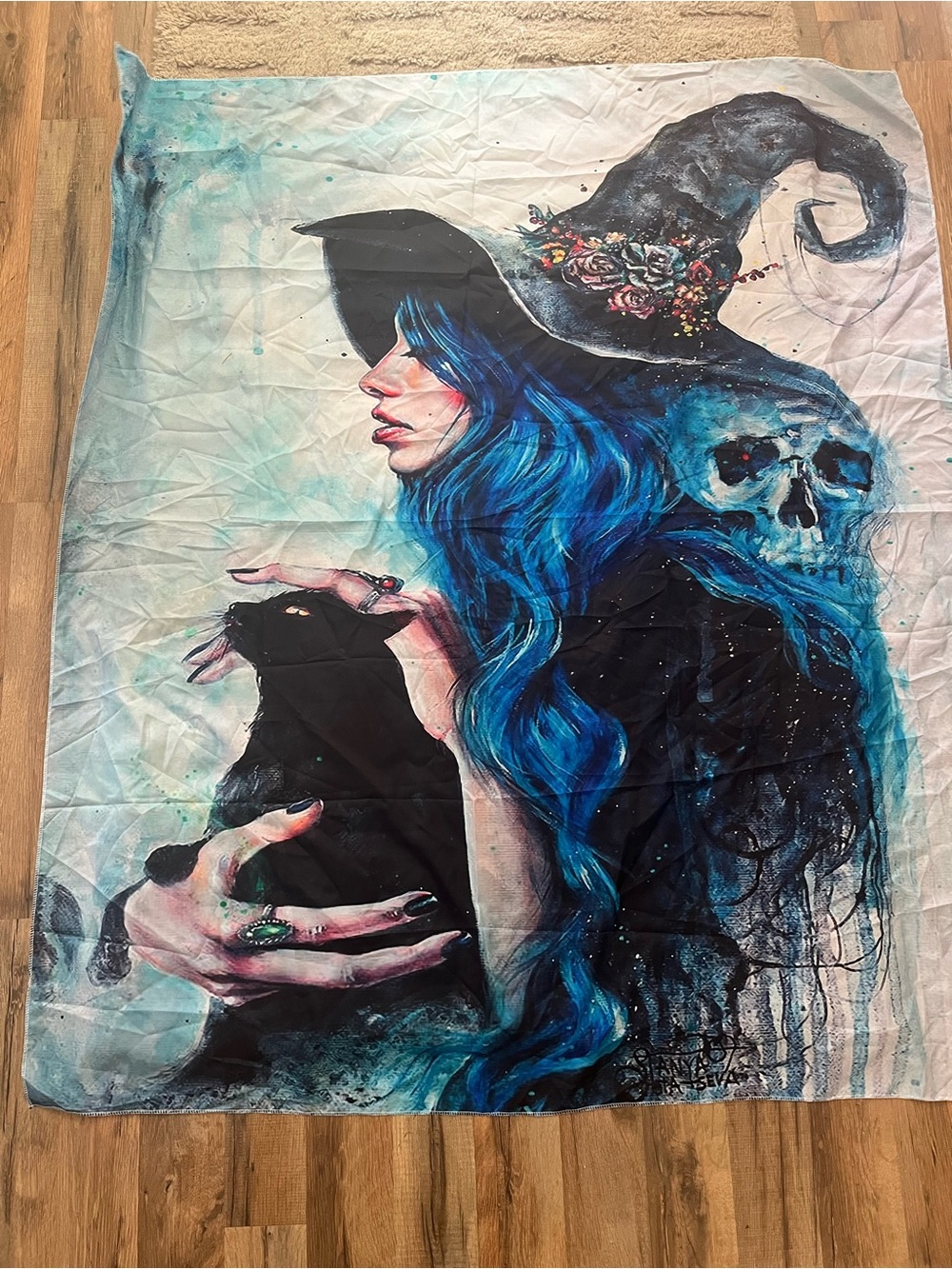Blue-Haired Witch Tapestry Wall Art with Black Cat